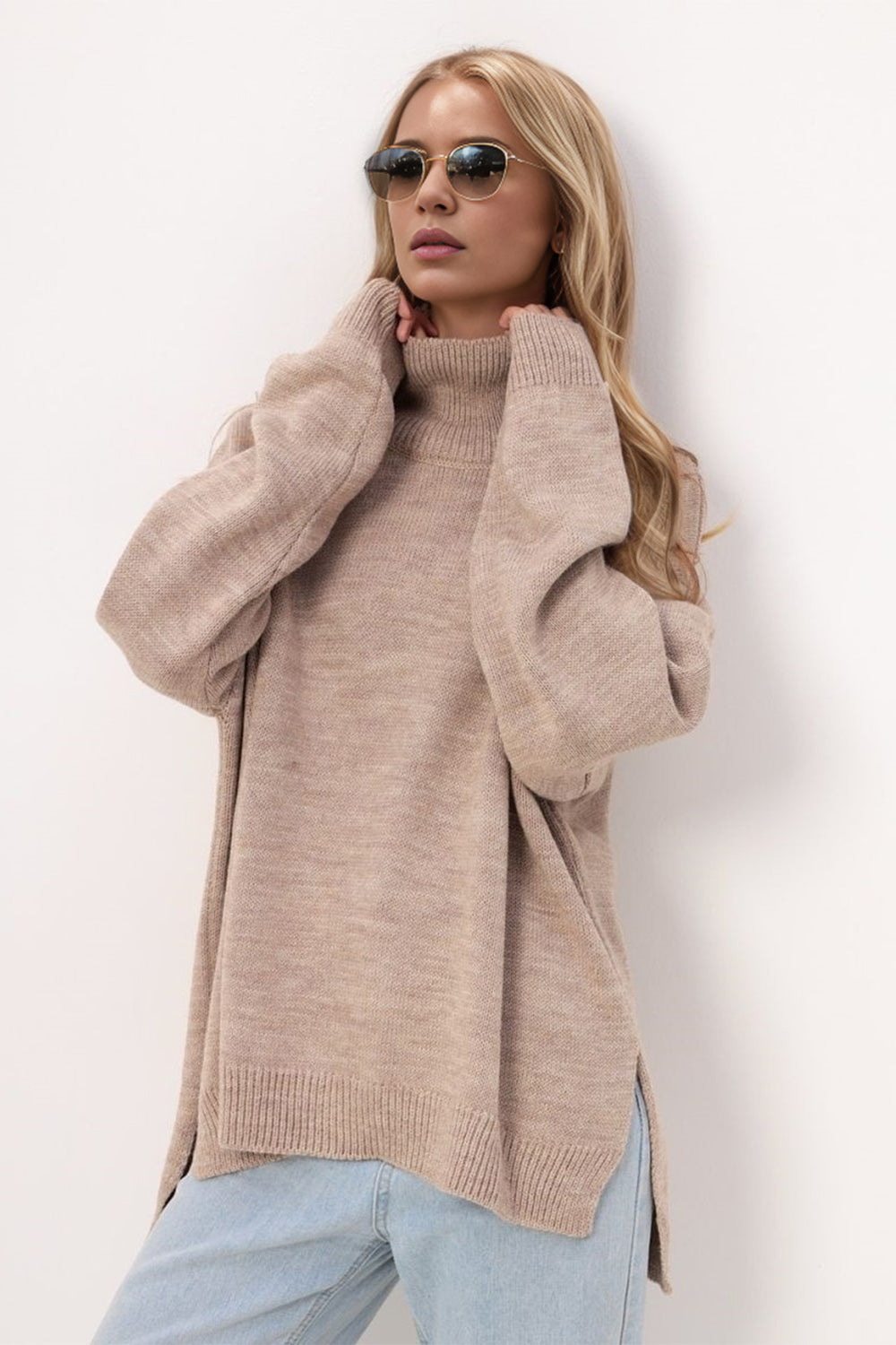 Side Slit Turtleneck Long Sleeve Sweater- 5 Colors (Khaki, Royal Blue, Dust Storm, Dusty Pink, Light Blue)