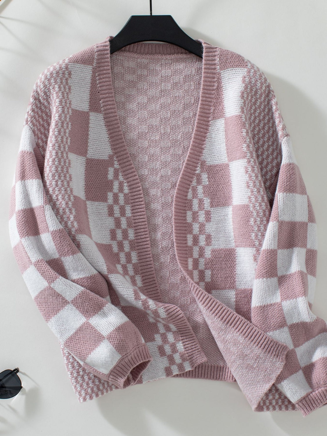 Checkered Open Front Dropped Shoulder Cardigan- 2 Colors (Tan, Dusty Pink)