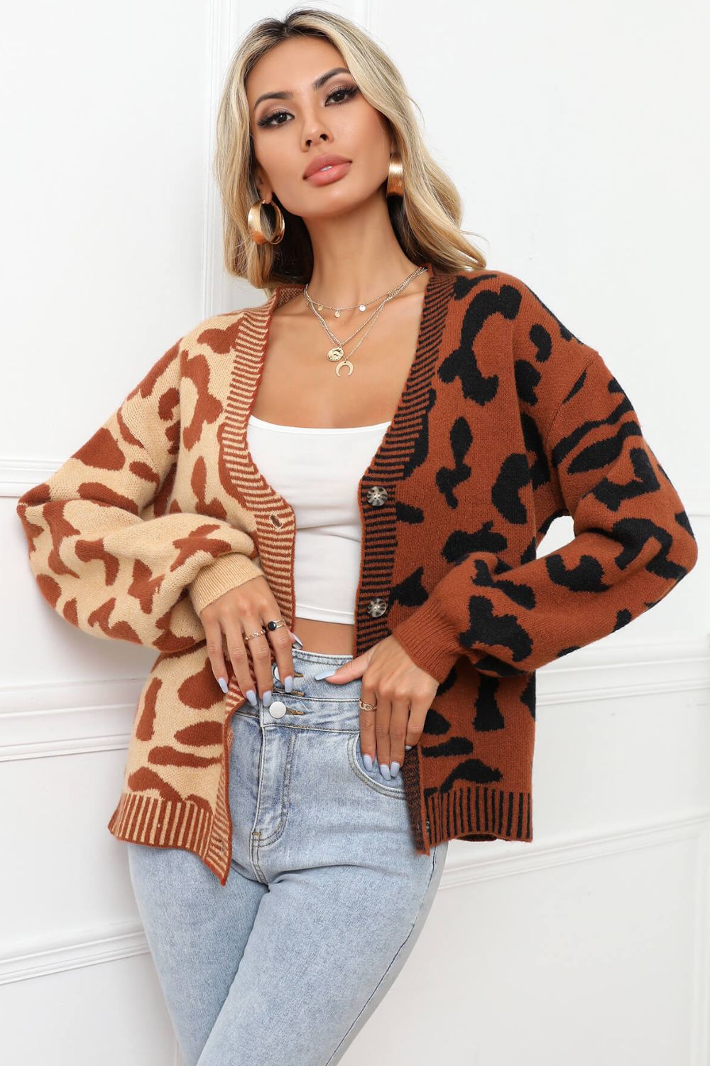 Leopard Button Front Ribbed Trim Cardigan- 6 Colors