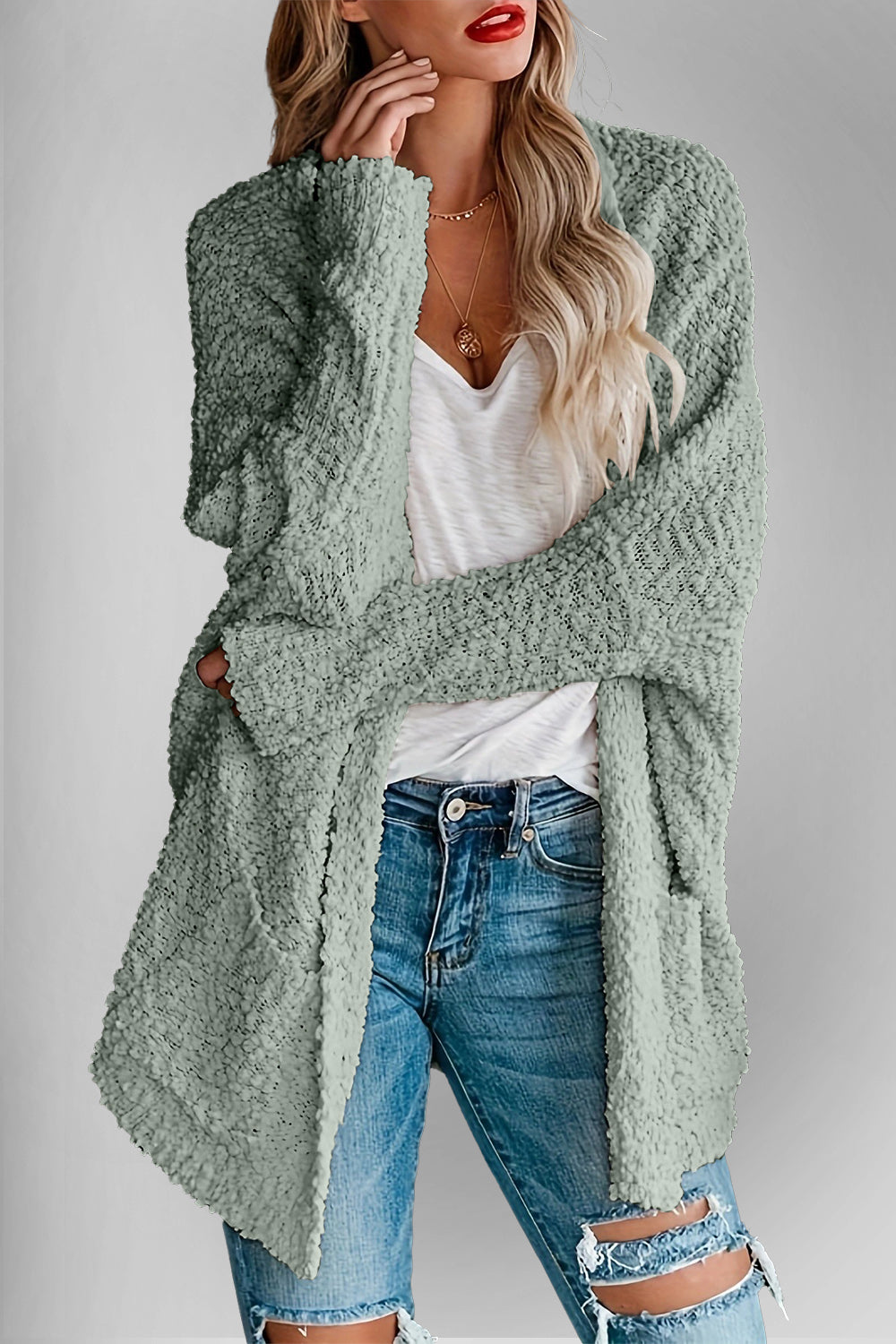 Pocketed Open Front Cardigan- 6 Colors (Cream, White, Black, Green, Rose, Pink)