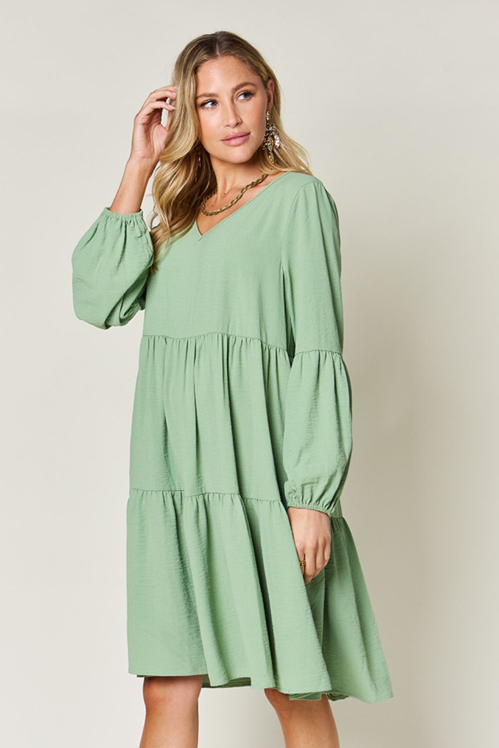 V-Neck Balloon Sleeve Tiered Dress with Pockets- 5 Colors (Pink, Coral, Black, Light Green, Light Blue)