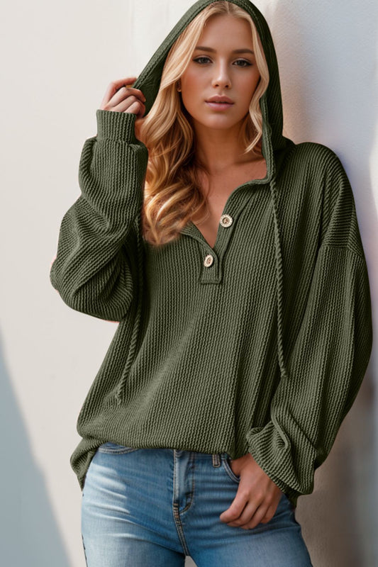 Half Button Long Sleeve Hoodie- 3 Colors (Moss, Burnt Coral, Caramel)