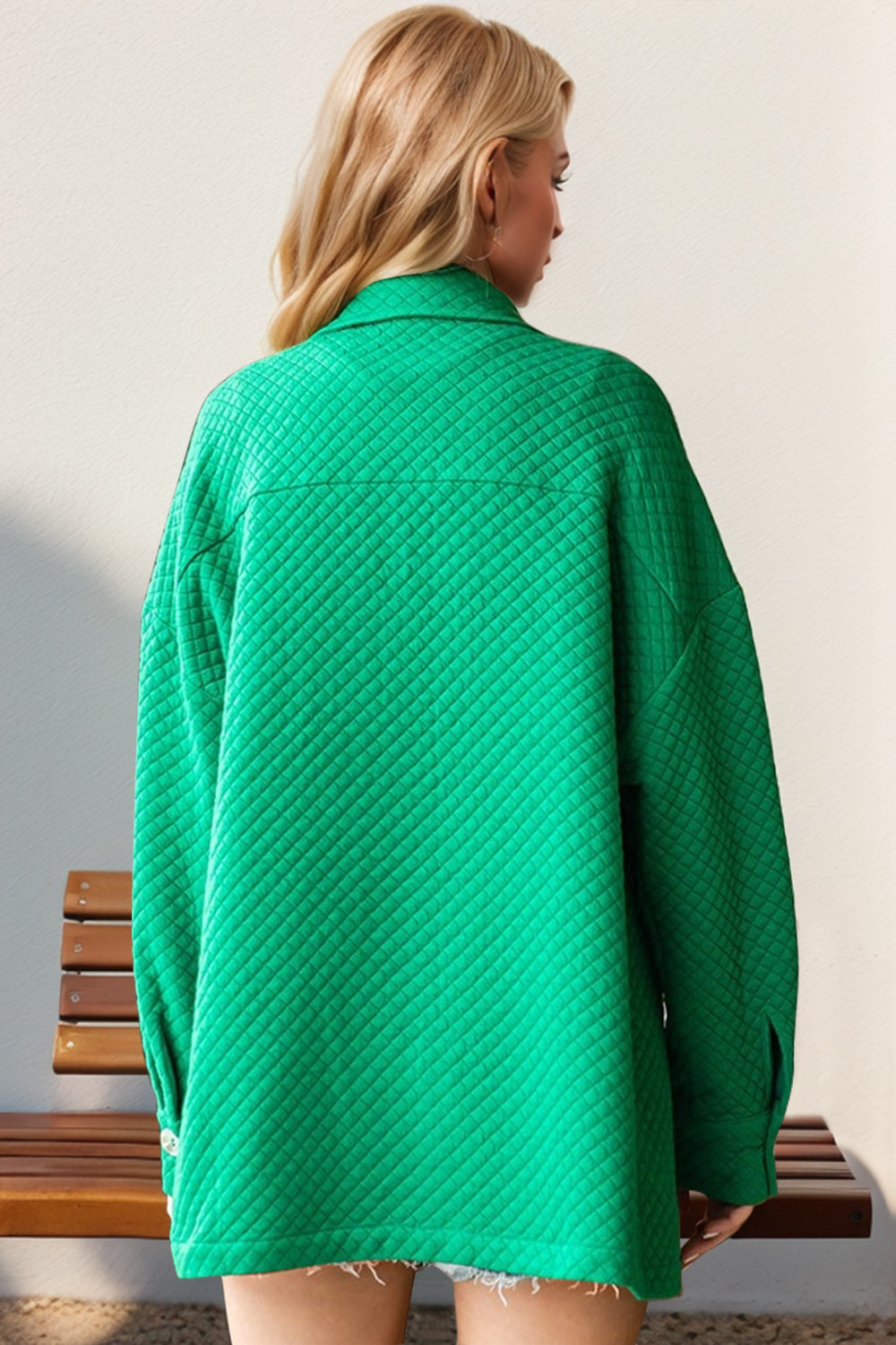 Textured Button Up Drop Shoulder Shacket- Green