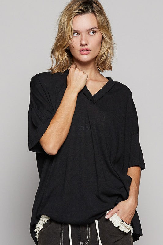 POL V-Neck Half Sleeve T-Shirt- Black