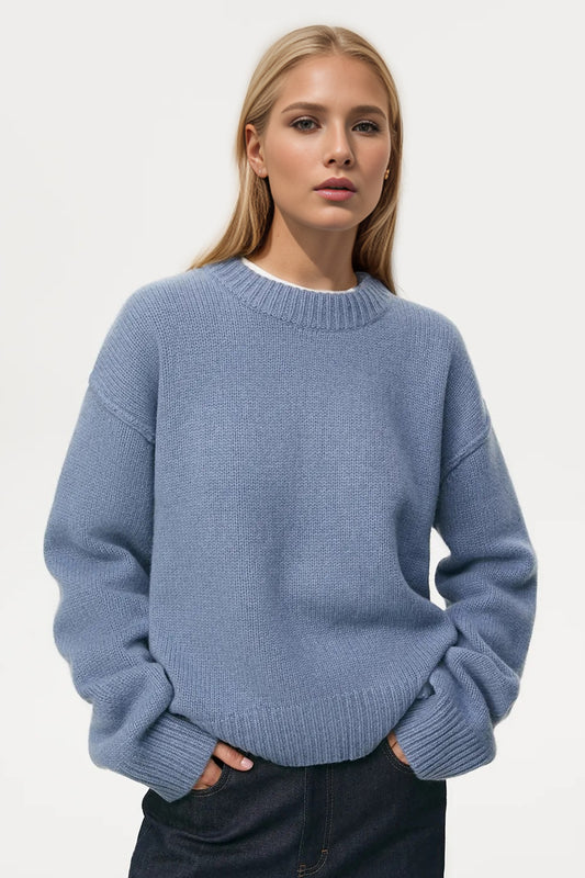 Round Neck Dropped Shoulder Sweater- 5 Colors (Dusty Blue, White, Light Gray, Dark Brown, Pink)