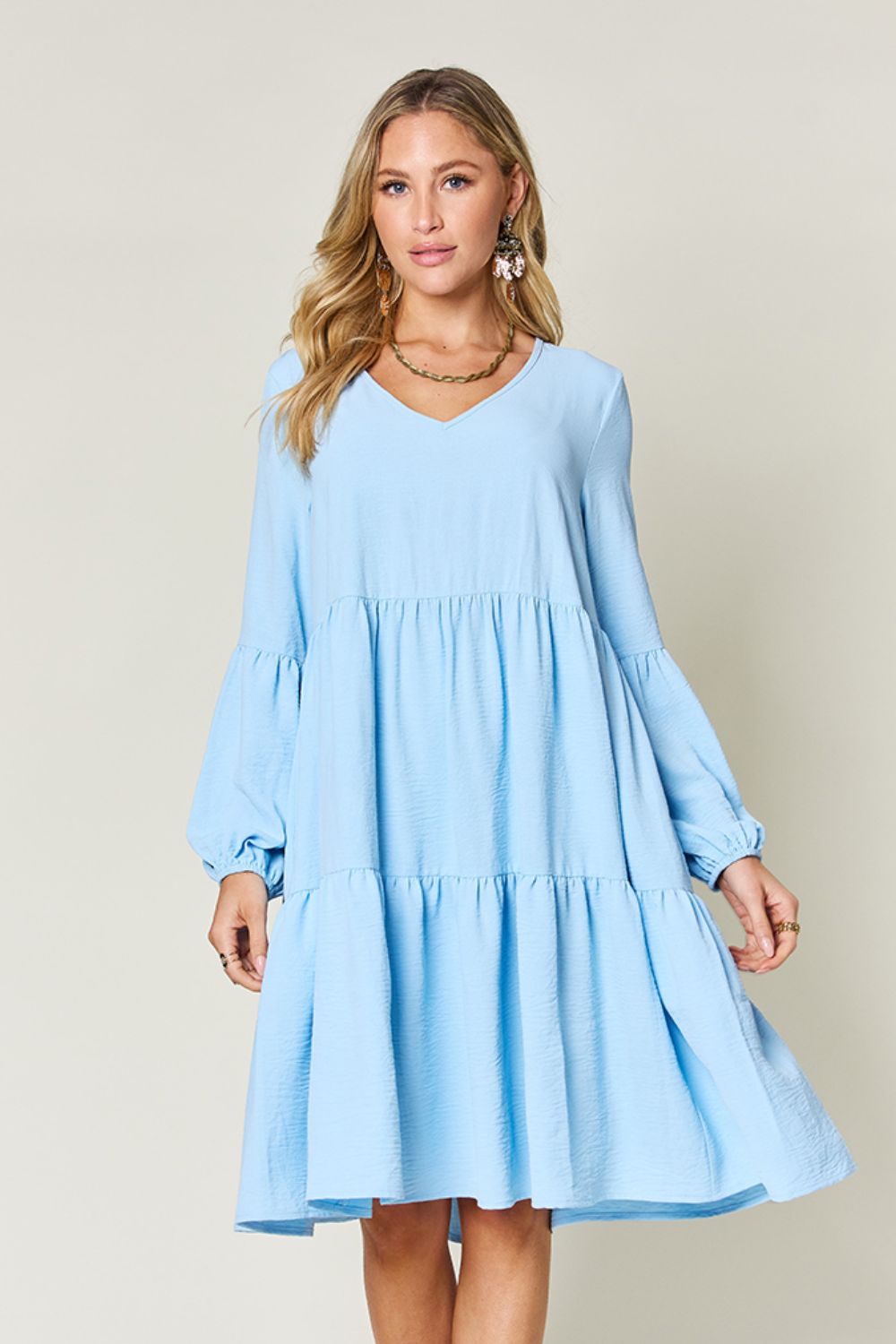 V-Neck Balloon Sleeve Tiered Dress with Pockets- 5 Colors (Pink, Coral, Black, Light Green, Light Blue)