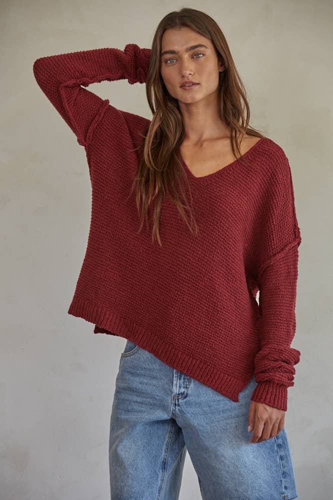 W1289 | Knit Sweater V-Neck Long Sleeve Top: Mocha / S