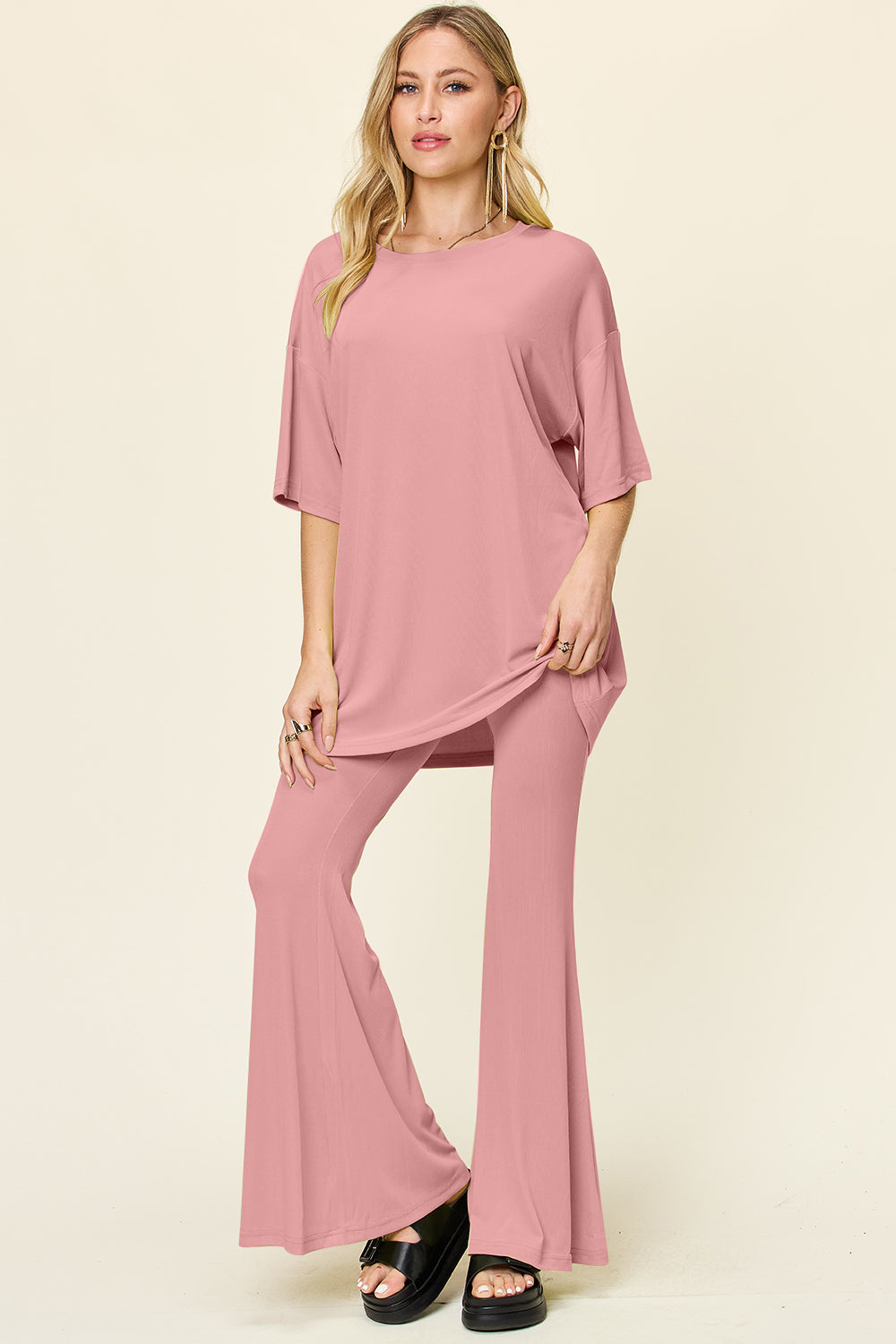 Drop Shoulder T-Shirt and Flare Pants Set- 6 Colors (Black, Mocha, Dusty Pink, Light Grey, Lavender, Deep Red)