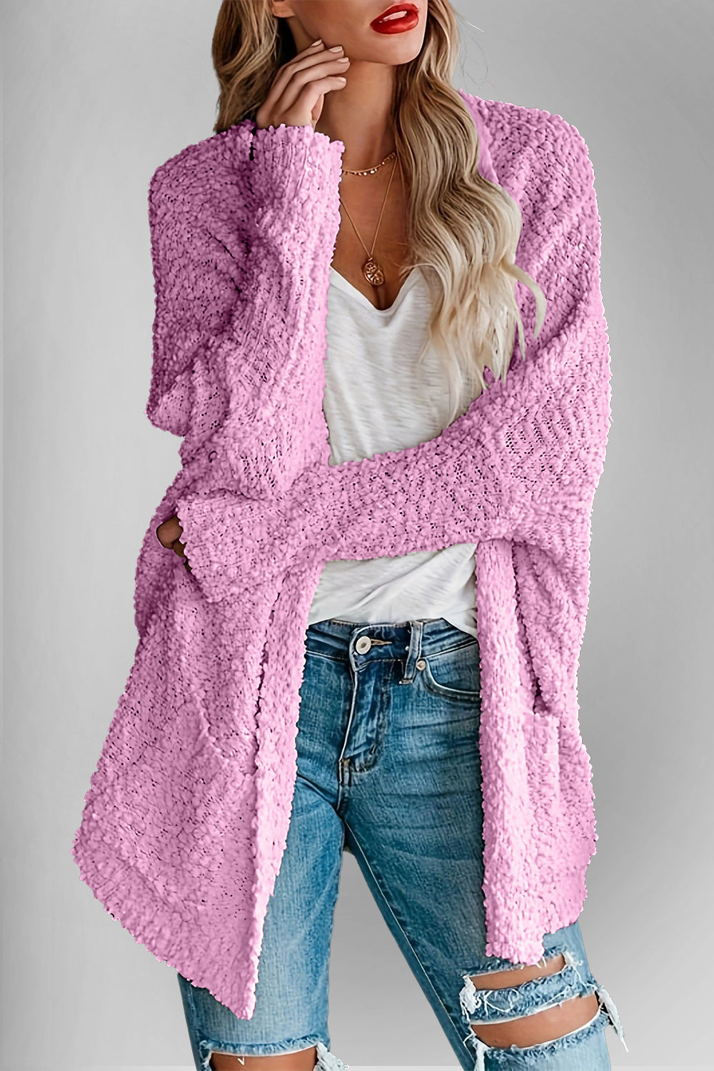 Pocketed Open Front Cardigan- 6 Colors (Cream, White, Black, Green, Rose, Pink)