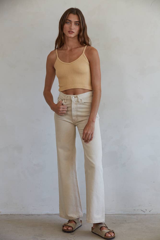 S1072 | Knit Ribbed Seamless UV Neck Brami: Chalk / ML