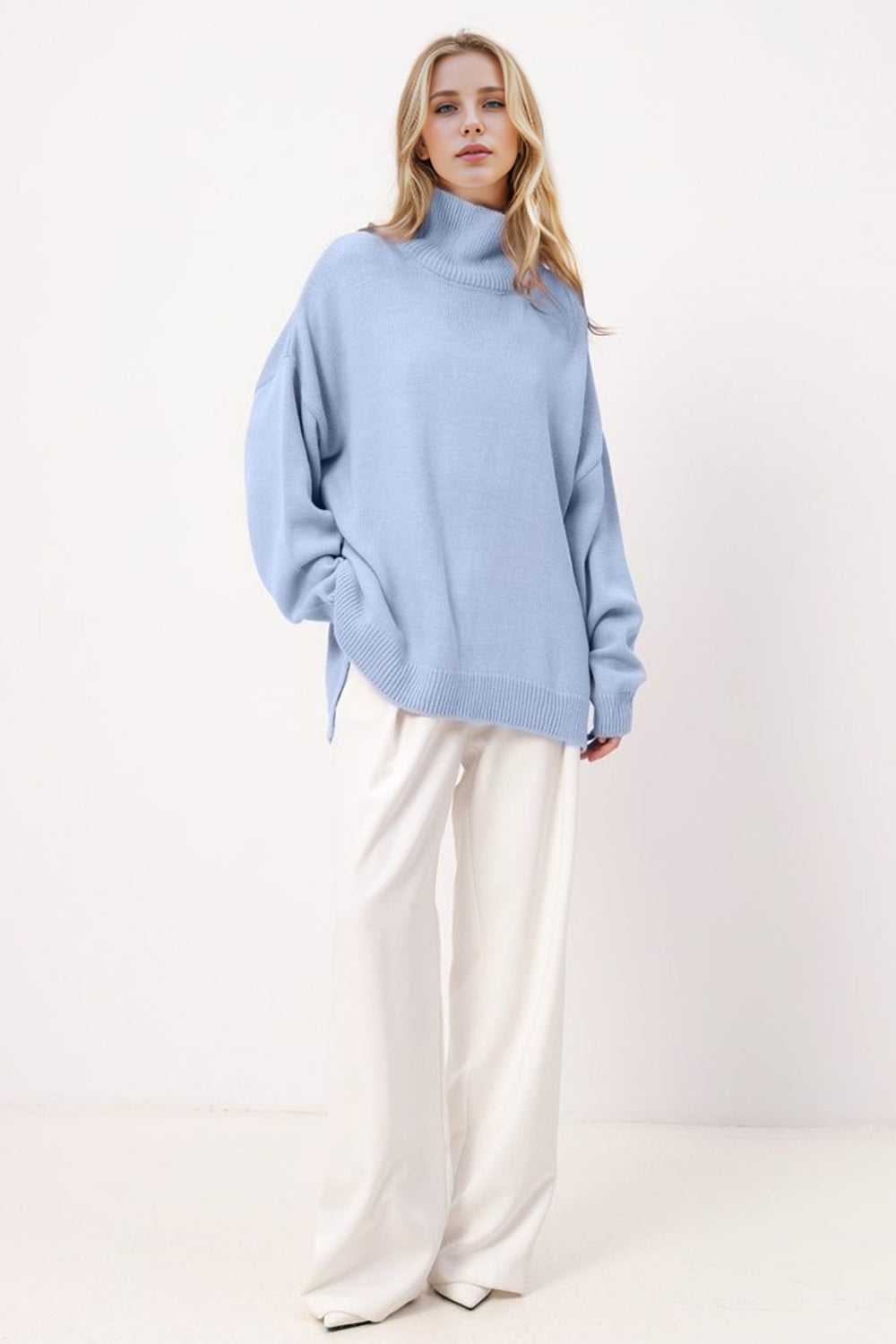 Side Slit Turtleneck Long Sleeve Sweater- 5 Colors (Khaki, Royal Blue, Dust Storm, Dusty Pink, Light Blue)