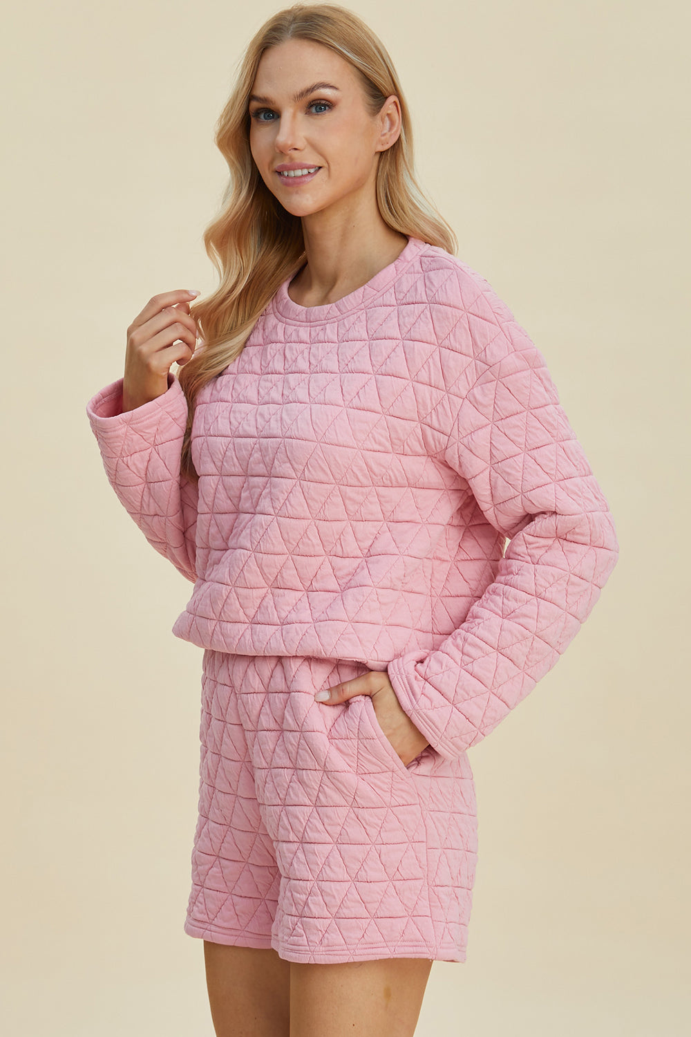 Texture Long Sleeve Top and Shorts Set- 3 Colors (Pink, Black, Coffee)