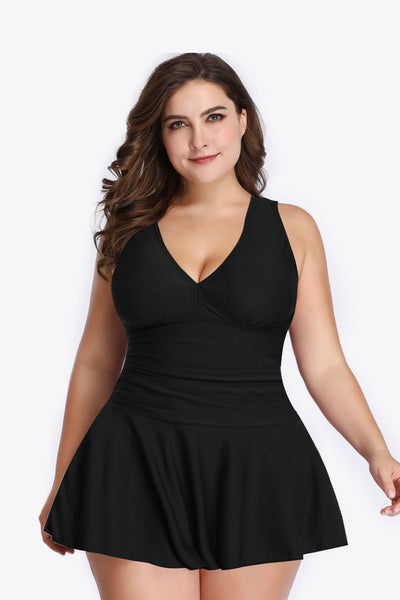 Plus Size Plunge Swim Dress- Black