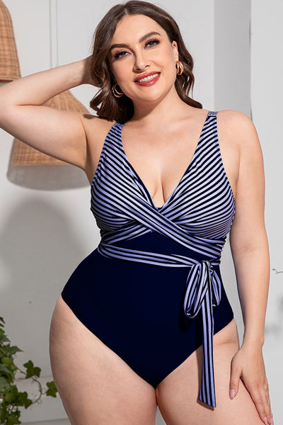 Striped Tie-Waist One-Piece Swimsuit- 4 Colors (Navy, Red, Blue, Black)
