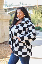Black Checkered Button Front Coat with Pockets