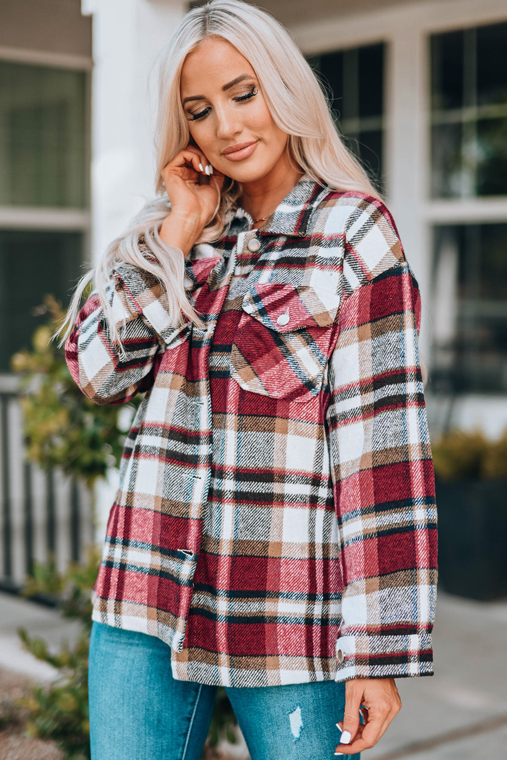 Let's Talk Plaid Jacket- 4 Colors (Pink, Red, Khaki, Blue)