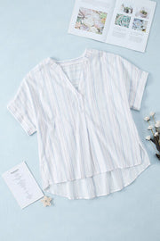Striped Notched Short Sleeve T-Shirt