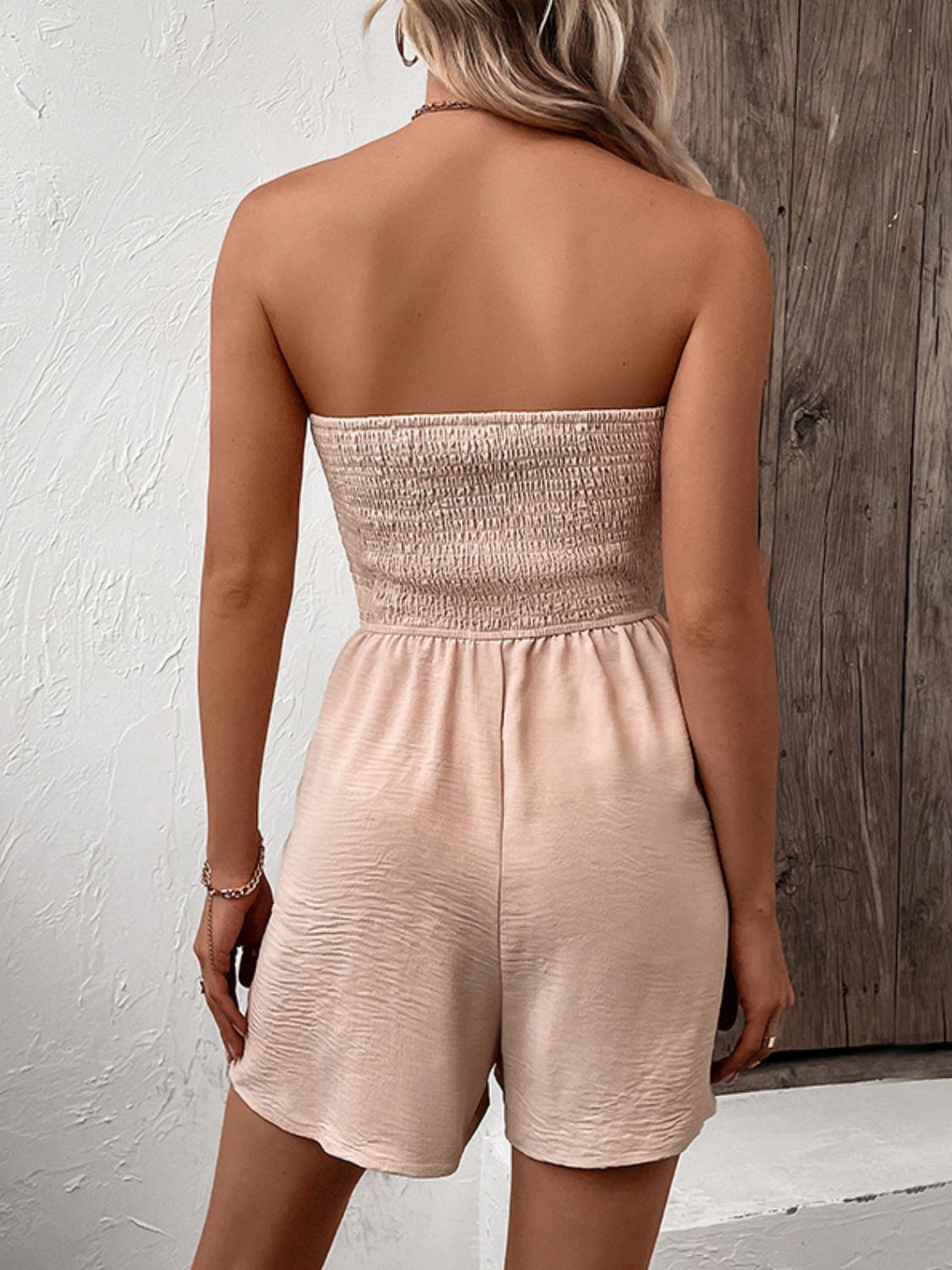 Smocked Strapless Romper- Sand