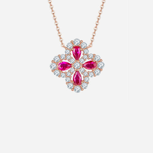 925 Sterling Silver Ruby Flower Shape Necklace