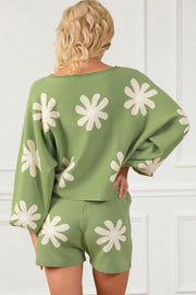 Flower Sweater and Drawstring Shorts Set