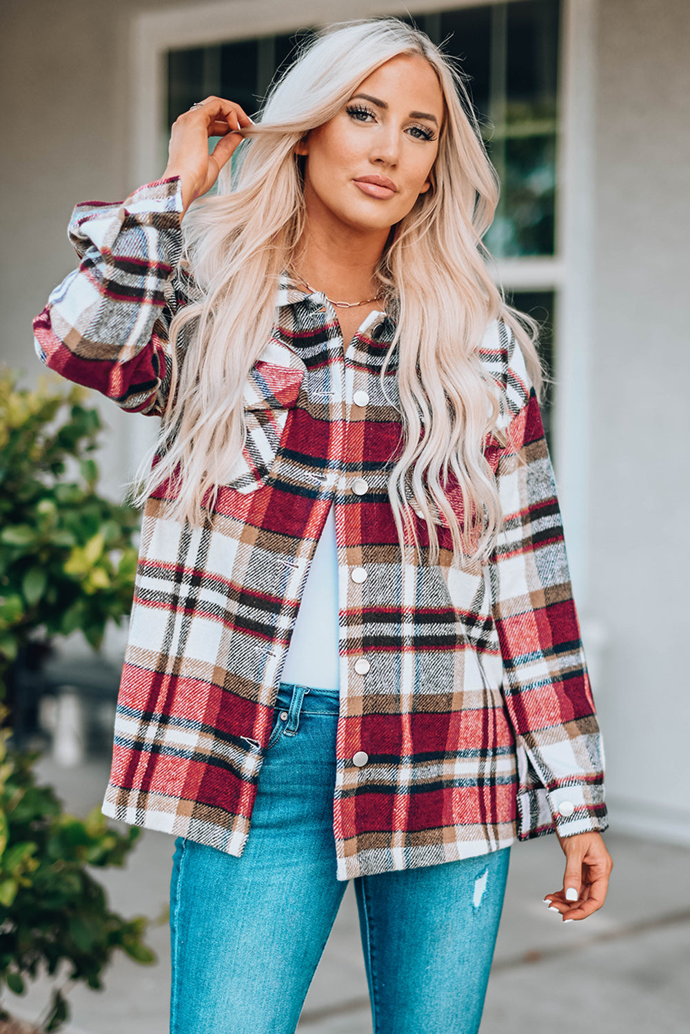 Let's Talk Plaid Jacket- 4 Colors (Pink, Red, Khaki, Blue)