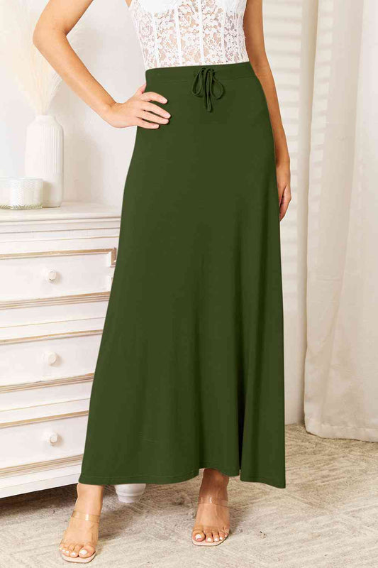 Soft Rayon Drawstring Waist Maxi Skirt Rayon (Taupe, Green, Black)