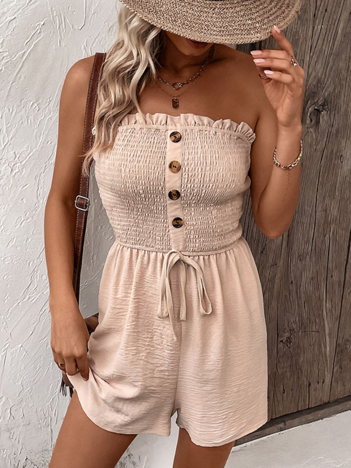 Smocked Strapless Romper- Sand