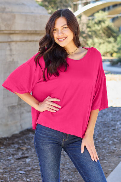 Round Neck Drop Shoulder T-Shirt (Rose, Black, Sky)