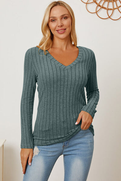 Ribbed V-Neck Long Sleeve Top- 5 Colors (Green, Teal, Peacock, Pink)