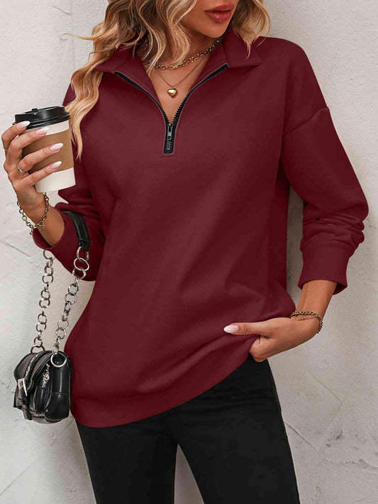 Zip-Up Dropped Shoulder Sweatshirt- 7 Colors (Hot Pink, Black, Wine, Camel, Army Green, Apricot, Grey)