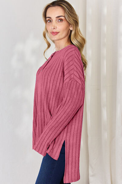 Ribbed Half Button Long Sleeve High-Low T-Shirt (Sky, Green, Pink, Red, Blue)