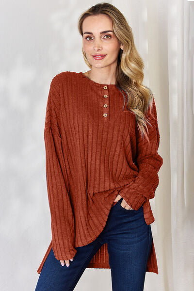 Ribbed Half Button Long Sleeve High-Low T-Shirt (Sky, Green, Pink, Red, Blue)