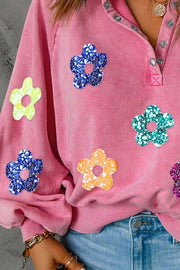 Sequin Flower Half Snap Lantern Sleeve Sweatshirt