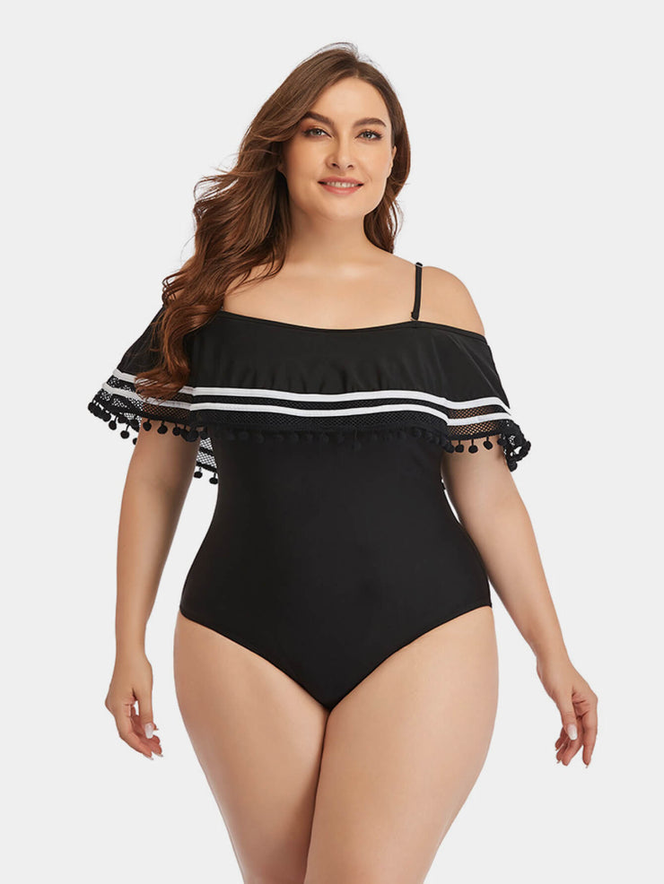 Plus Size Cold-Shoulder Swimsuit- Black
