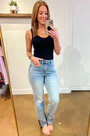 The Taylor- Judy Blue Denim- Plaid Cuff Vintage Straight Jeans