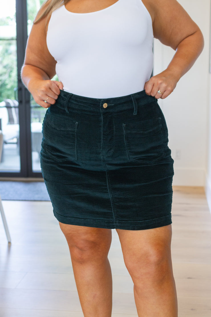 The Theresa- Judy Blue Denim- Emerald Corduroy Patch Pocket Skirt