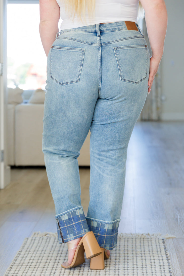 The Taylor- Judy Blue Denim- Plaid Cuff Vintage Straight Jeans
