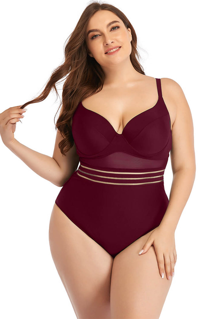 Spliced Mesh Tie-Back One-Piece Swimsuit- 6 Colors (Black, Green, Wine, Red, Teal, Navy)