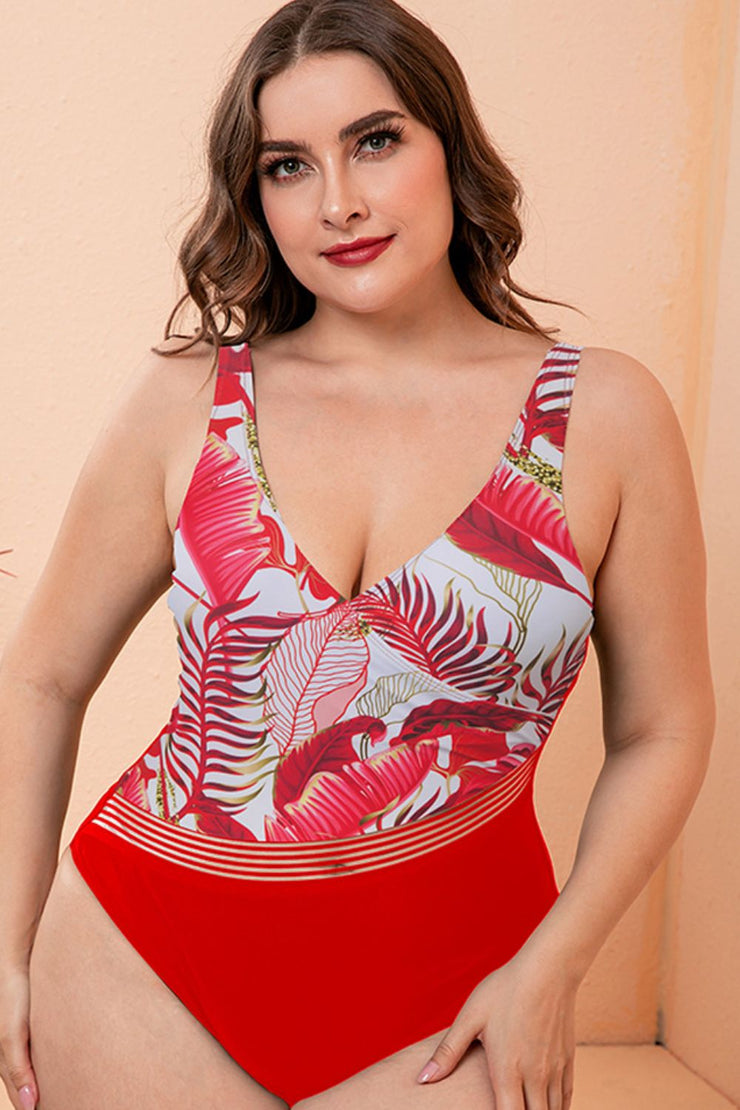 Two-Tone Plunge One-Piece Swimsuit- 4 Colors (Black, Red, Green, Blue)