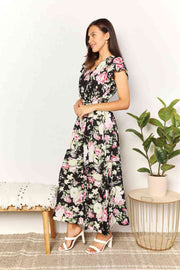 Black Floral Flutter Sleeve Tie-Waist Split Dress