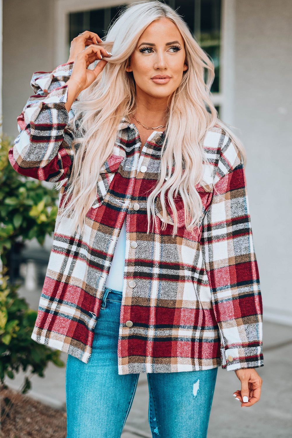 Let's Talk Plaid Jacket- 4 Colors (Pink, Red, Khaki, Blue)