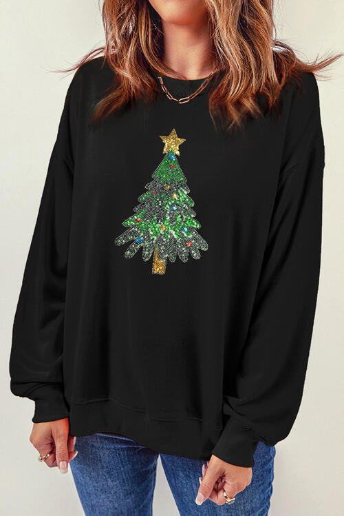 Sequin Christmas Tree Crewneck - 2 Colors (Red, Black)
