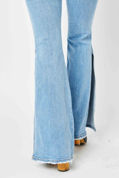The Kincaid- Mid Rise Raw Hem Slit Flare Judy Blue Jeans