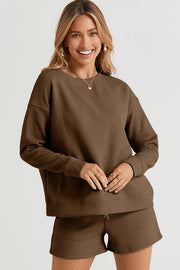 Texture Long Sleeve Top and Drawstring Shorts Set (Chestnut, Navy, Blue, Chartreuse, Tan)
