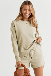 Texture Long Sleeve Top and Drawstring Shorts Set (Chestnut, Navy, Blue, Chartreuse, Tan)