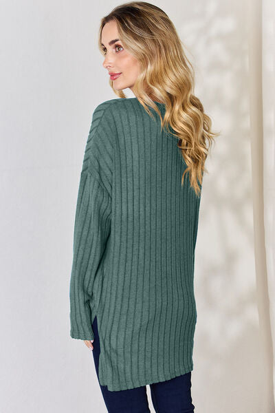 Ribbed Half Button Long Sleeve High-Low T-Shirt (Sky, Green, Pink, Red, Blue)