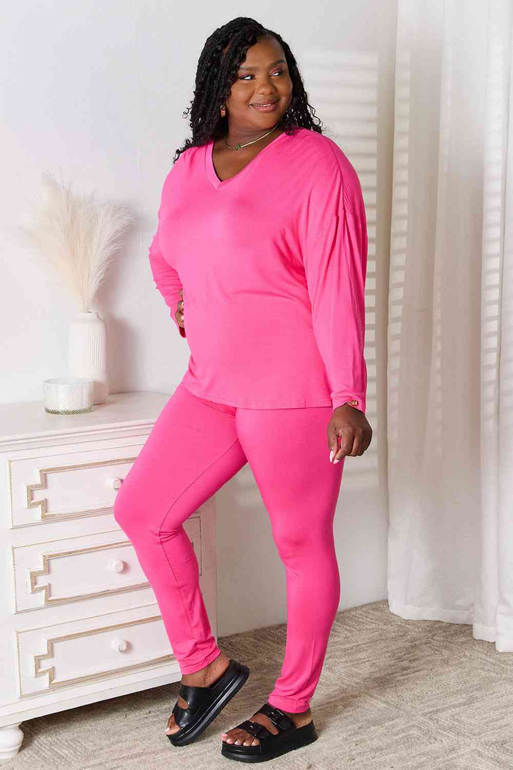 V-Neck Soft Rayon Long Sleeve Top and Pants Lounge Set (Pink, Sky, Black, Taupe, Chocolate)