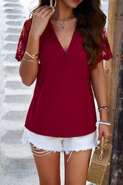 Embroidered V-Neck Short Sleeve Top- 5 Colors