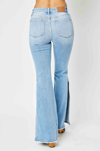 The Kincaid- Mid Rise Raw Hem Slit Flare Judy Blue Jeans
