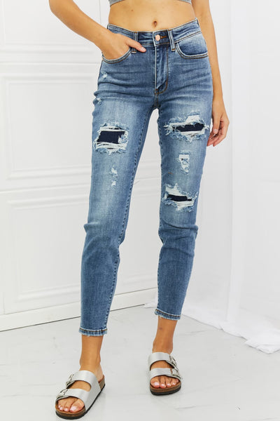The Karls- Judy Blue Denim- Distressed Patch Jeans